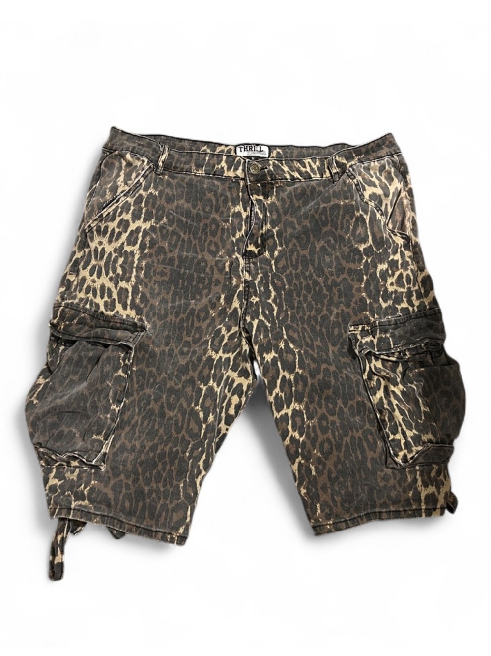 Leopard Print Cargo Jorts Grunge Denim Shorts Faded Wash Y2K Streetwear Size 1X